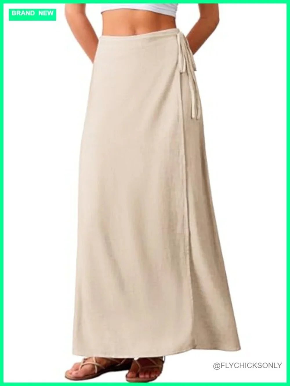 Linen Wrap Maxi Skirt Elastic Back Waistband Flowy A-Line Summer Casual Long